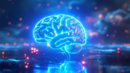 A glowing digital AI brain made of holographic circuits and luminous data particles, floating in a futuristic cyber environment with soft bokeh lights and dynamic reflections. - Powered by Adobe