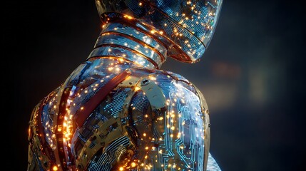 Industrial robotic exoskeleton suit glowing AI circuits mechanical design details