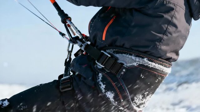 Close up detail of snowkiter harness hook under extreme tension with flying snowflakes, winter extreme sport equipment concept
