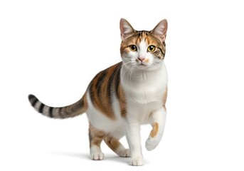 Obraz premium A calico cat with white, orange, and black patches walks forward with one paw raised, isolated on a pure white background