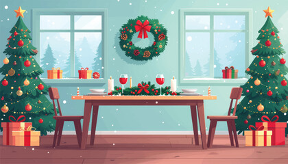 Holiday Dining Room Scene Flat Vector Illustration