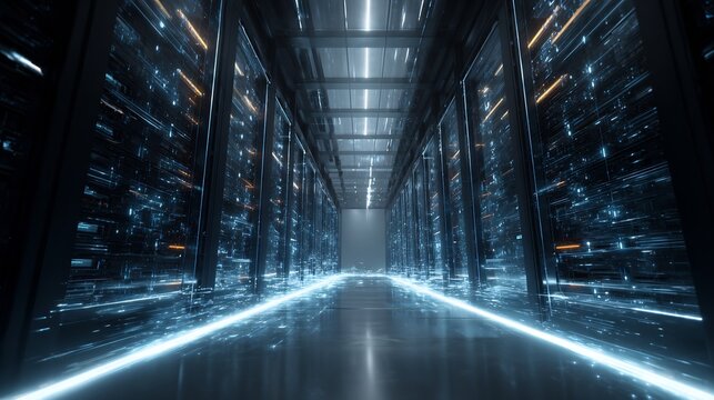 Massive AI supercomputer glowing holographic interface futuristic data center