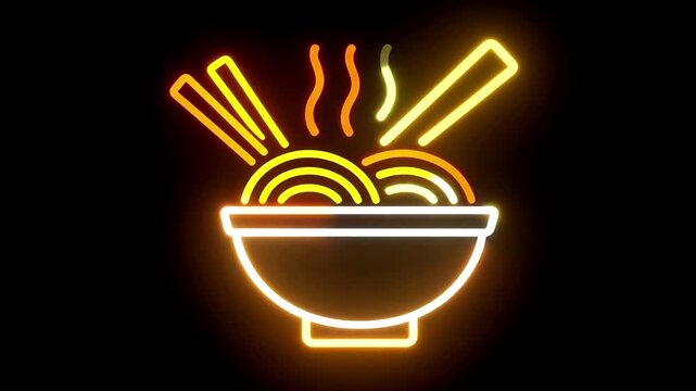 NOODLE BOWL neon icon with glowing chopsticks and rising steam, warm yellow and orange lines, clean simple outline, soft neon flicker effect, centered on pure black background.