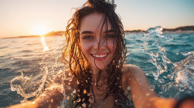 A young woman with wet tousled hair smiles brightly as she splashes in the ocean waves at sunset. The warm colors of the sky enhance her joyful expression. - Powered by Adobe
