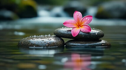 Tranquil slow motion shot of pink Plumeria flower resting on wet spa stones in calm water, symbolizing zen and relaxation. - Powered by Adobe