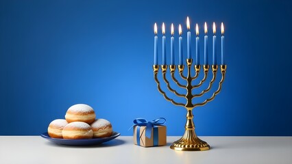 Hanukkah celebration with menorah sufganiyot and gift