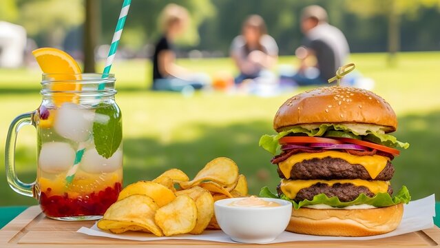 Double cheeseburger with chips and drink in a park picnic double burger french fries