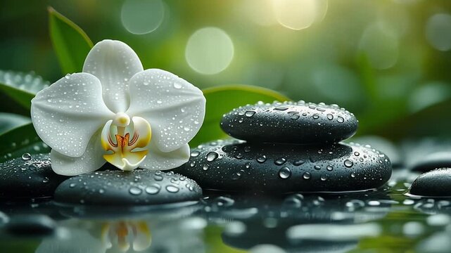 Cinematic close-up of white orchid and wet spa stones floating on water with beautiful bokeh background.