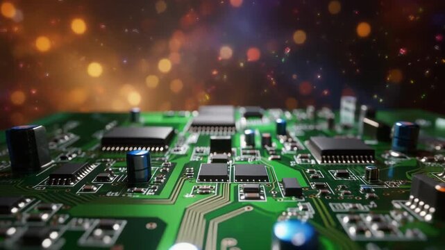 Cinematic close-up of a detailed electronic circuit board with microchips against a sparkling, futuristic bokeh background.
