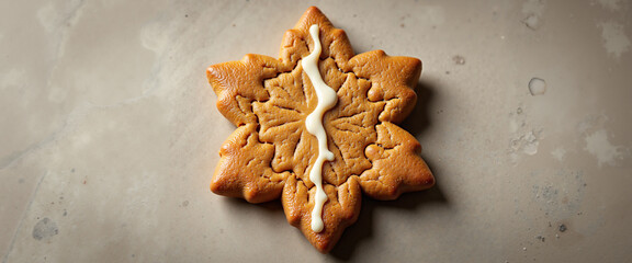 Gingerbread cookie shaped like a leaf with white icing on grey background