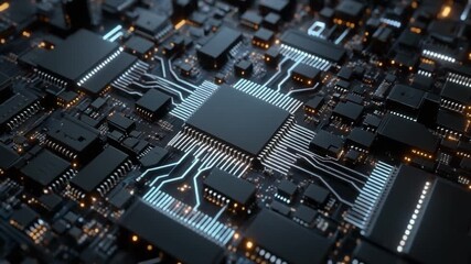 Abstract digital technology background. Dark circuit board with glowing data lines and central microchip processing information. - Powered by Adobe