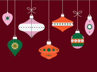 Modern Minimalist Merry Christmas Greeting Card with Geometric Colorful Ornament Balls Trendy Holiday Vector Illustration