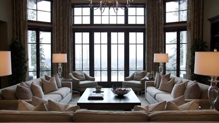 Elegant living room interior with large windows and comfortable seating arrangement