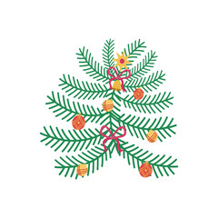 Hand drawn Christmas tree isolated. Fir decorated, brush strokes. Tree branch, Merry Christmas holidays clip art vector illustration
