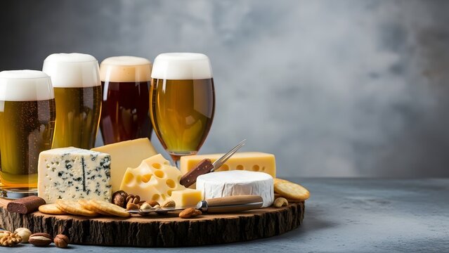 Four glasses of beer with assorted cheeses nuts and crackers lager stout - Powered by Adobe
