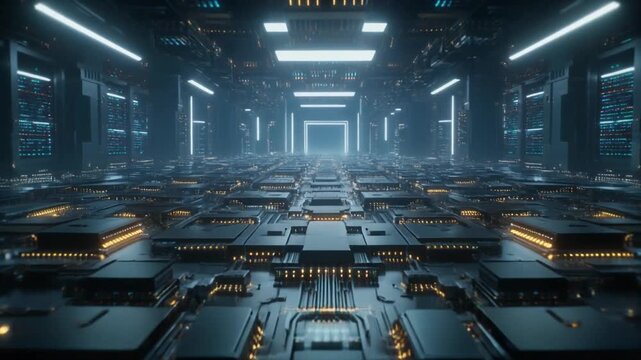 Cinematic flight through a massive futuristic data center or circuit board infrastructure with glowing processors, representing AI and big data.