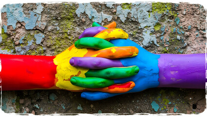 Hands painted in rainbow colors symbolizing diversity and inclusion representing unity and support for LGBTQ community