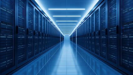 Futuristic Data Center Server Room with Blue Lighting.