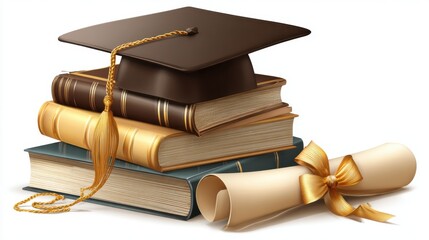 A graduation cap rests atop a stack of various books symbolizing knowledge and learning. Next to the books a rolled diploma with a decorative ribbon emphasizes academic success and achievement.