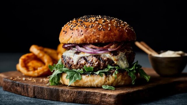 Gourmet burger with onion rings on wooden table showing indulgent flavor comfort food and culinary craftsmanship captured