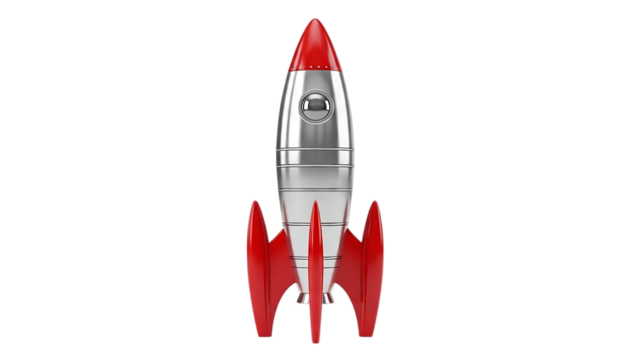 Retro red and silver toy rocket isolated on transparent background