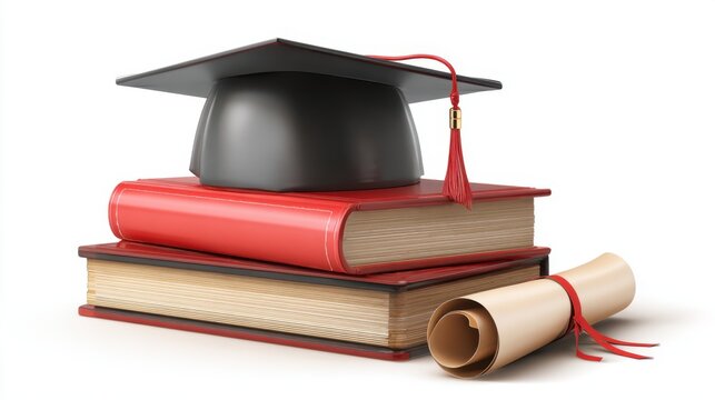 A graduation cap sits atop a stack of red books symbolizing academic success. A rolled diploma lies beside the books highlighting educational accomplishment.