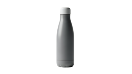 Grey reusable water bottle with a white cap isolated on transparent background