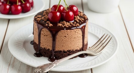 Rich chocolate mousse cake with fresh cherries.