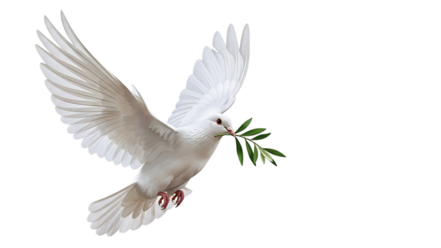 White dove flying with olive branch, symbol of peace, isolated on white isolated on transparent background