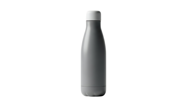 Grey reusable water bottle with a white cap isolated on transparent background