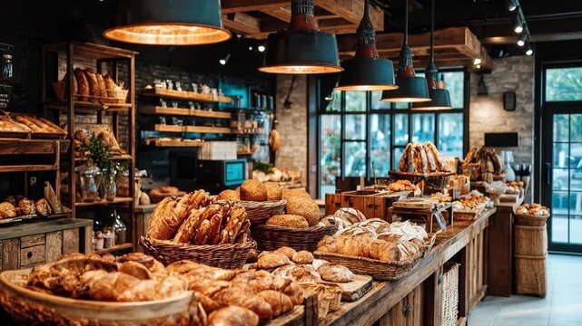 Artisan bakery interior filled with bread pastries and warm ambiance symbolizing tradition craftsmanship and delicious aromas captured