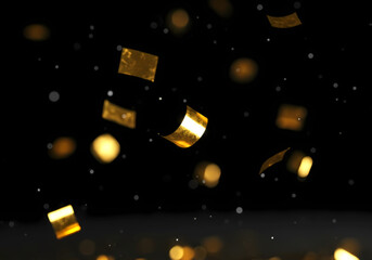 キラキラと舞い落ちるメタリックなコンフェッティの背景素材　金色の紙吹雪
