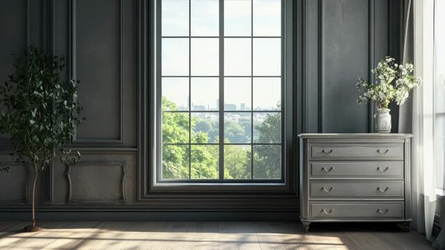 Video A quiet cozy bedroom scene with a window, a dresser and a potted plant
