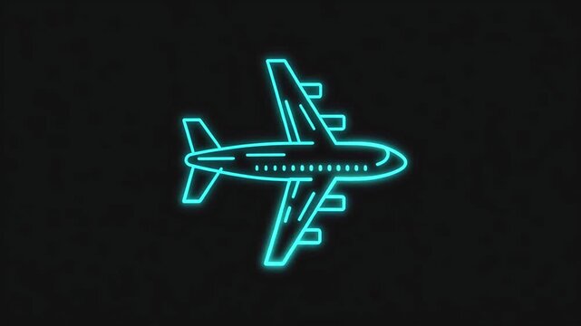 Airplane neon icon outlined in bright cyan with simple highlight lines, clean side view silhouette floating in wide empty space on a deep black background, perfect for travel or aviation visuals.