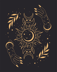 Magical poster with woman hands, stars and sun, boho illustration. Vector hand drawing