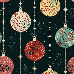 Winter seamless pattern with christmas balls. Berries and plants. Background for wrapping paper, fabric print, greeting cards. Winter Holiday design.