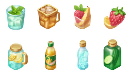 Summer Refreshing Drinks Collection in 3D Illustrative Style on Transparent Background