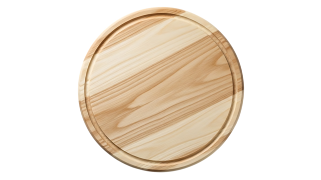 Empty round wooden pizza board or cutting board isolated on transparent background