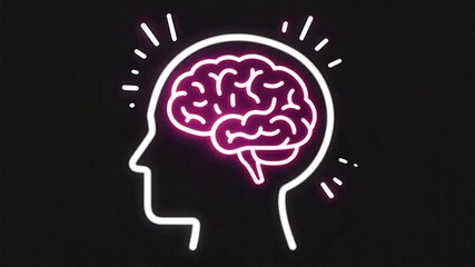 Neon head silhouette icon with a glowing pink brain outline inside, bright sparks radiating on a pure black background, clean sharp lines and soft highlights  a modern concept symbol for mind idea
