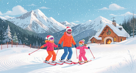 Happy family skiing together in snowy mountain view. Winter holiday adventure with parents and child. Fun ski trip across bright alpine snow landscape. Joyful family moment on snowy winter slopes