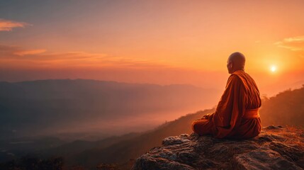 Obraz premium A monk dressed in orange robes sits peacefully on a rocky outcrop as the sun sets behind distant mountains. The sky glows with warm colors creating a tranquil atmosphere.