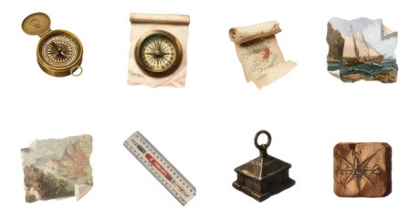 Vintage Navigation Tools and Artifacts for Explorers on Soft Transparent Background