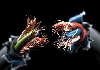 剥き出しの電線端と通信ケーブルの構造　断線