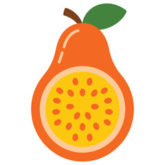 Passion fruit cut in half shows bright orange colors and seeds