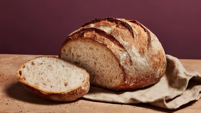Artisan loaf of freshly baked bread resting on a cloth with one slice cut to show crumb and rustic crust in warm studio light creating a food story for bakery branding and recipe projects