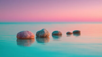 Gentle waves ripple across the calm sea as smooth rocks peek above the water's surface. A colorful sunset paints the sky in soft hues creating a peaceful atmosphere.