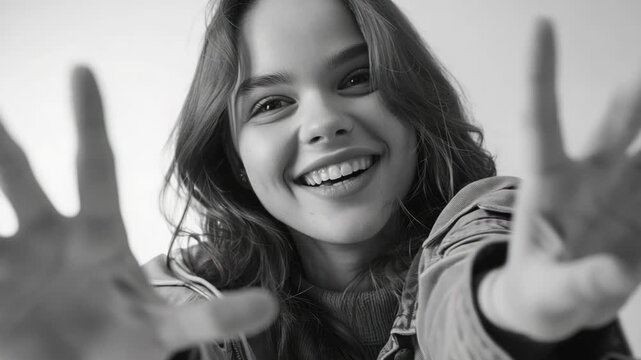 Video A happy young girl smiles and waves her hands, perhaps in greeting or excitement