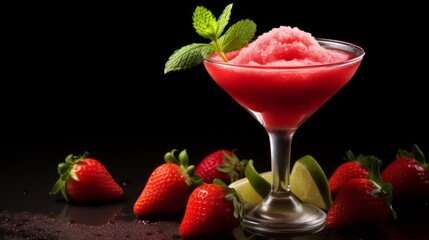 Savor a strawberry daiquiri with garnish and mint leaf on a wooden table for a refreshing summer drink