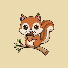 Cute cartoon squirrel sitting on a tree branch while holding an acorn. Adorable woodland animal illustration perfect for kids books, stickers, nursery decor, educational materials, and character desig