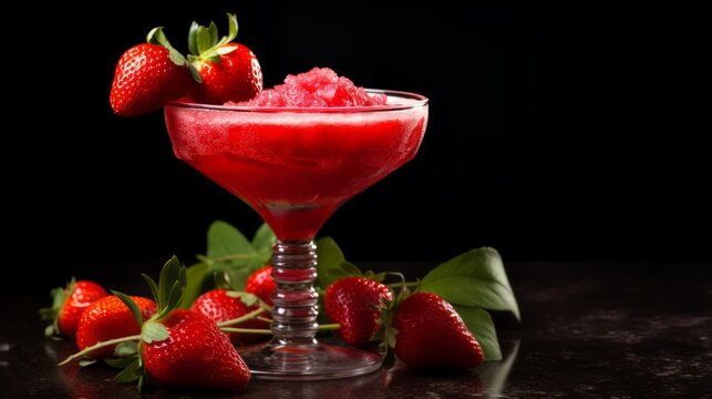 Savor a strawberry daiquiri with garnish and mint leaf on a wooden table for a refreshing summer drink - Powered by Adobe